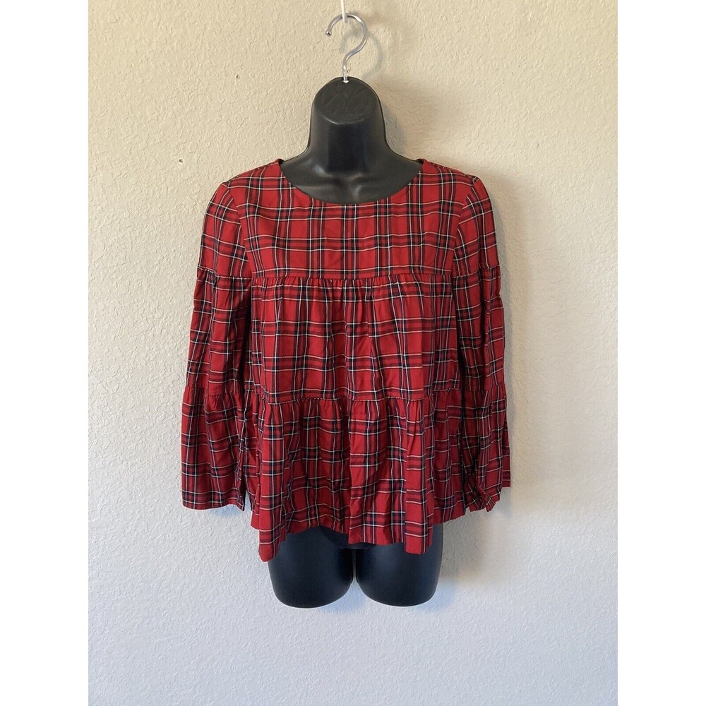 Madewell Plaid Babydoll Top Red and Black size XXS Button Back Relaxed Fit